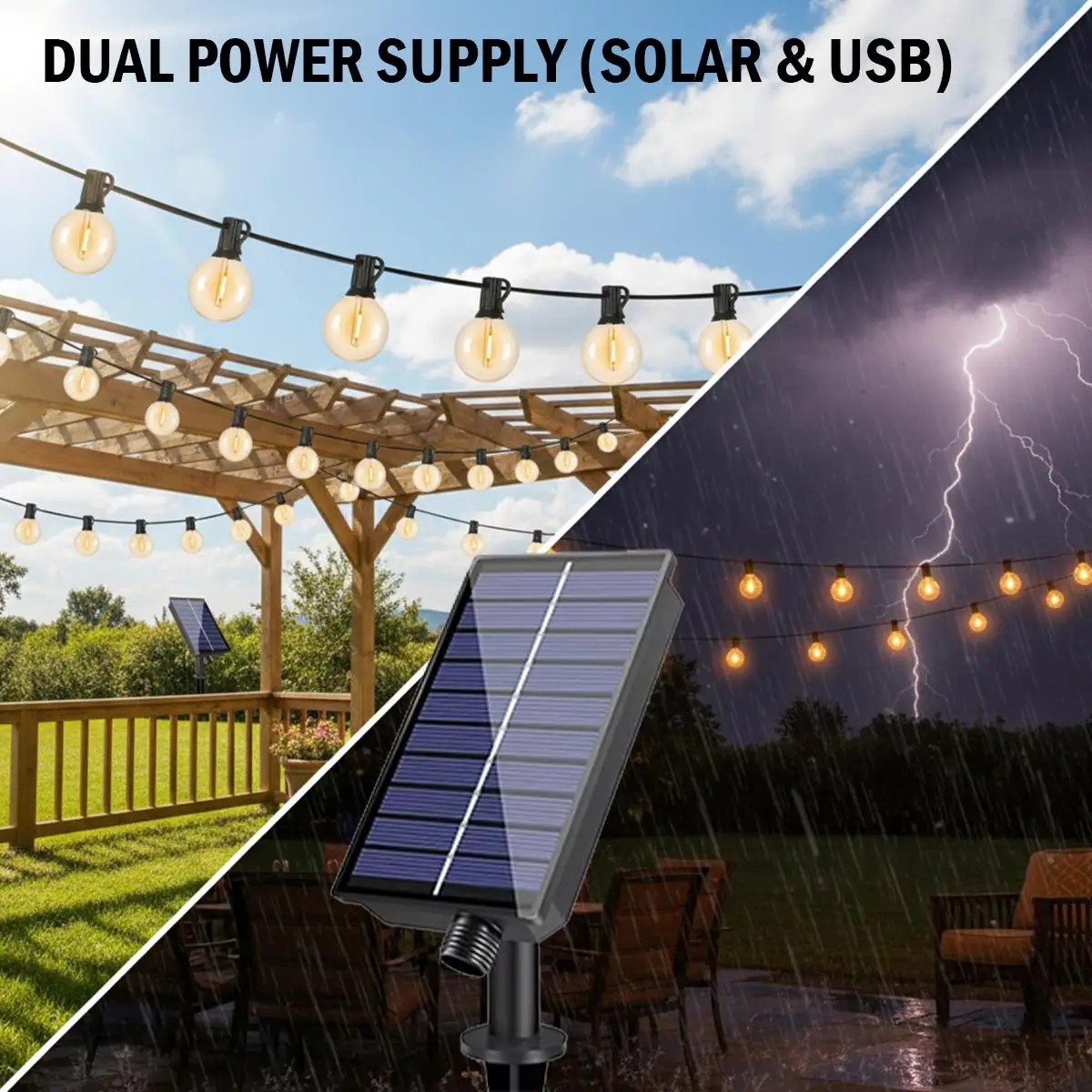 G40 Solar String Light Waterproof Outdoor LED Garden Patio Decoration Warm White USB Charger Remote Fairy Globe Bulbs Backyard