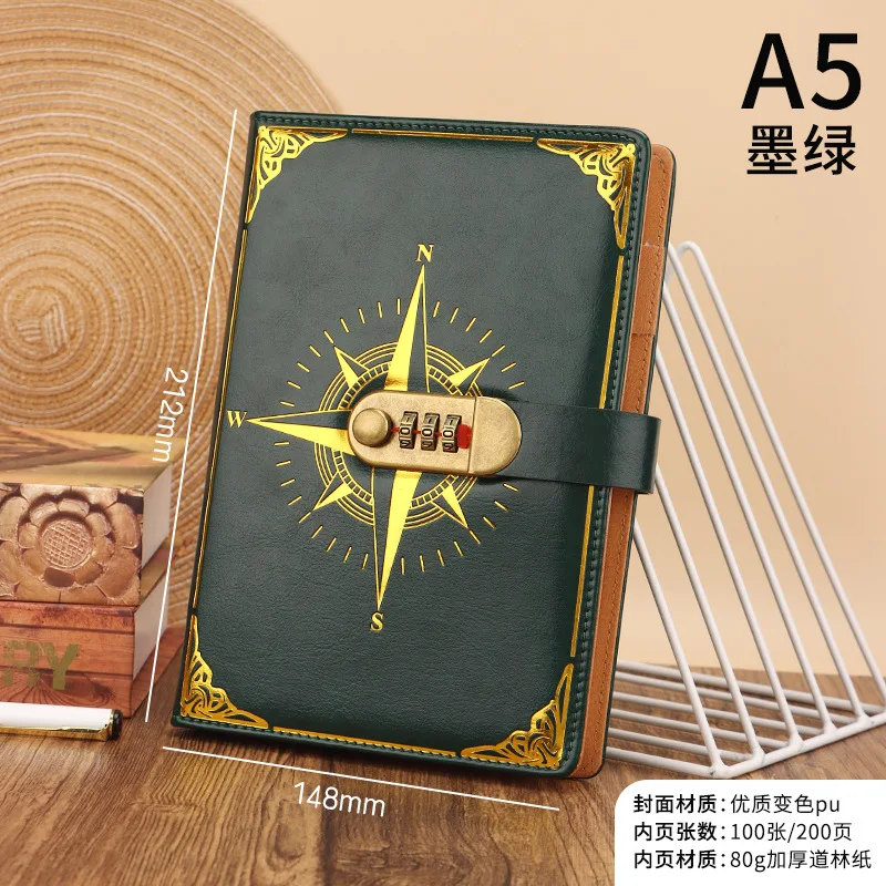 A5 Mit Schloss Tagebuch Notebook Kompass Hand Ledger Student Notizblock Schreibwaren Retro Passwort Buch – Detail 9