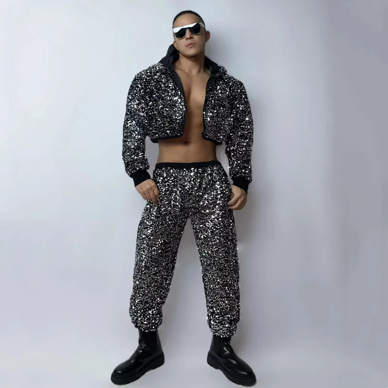 Nightclub Bar Male Women Gogo Singer Dancer Stage Performance Clothes Sequins Hooded Jacket Pants 2 Piece Hip Hop Dance Costume