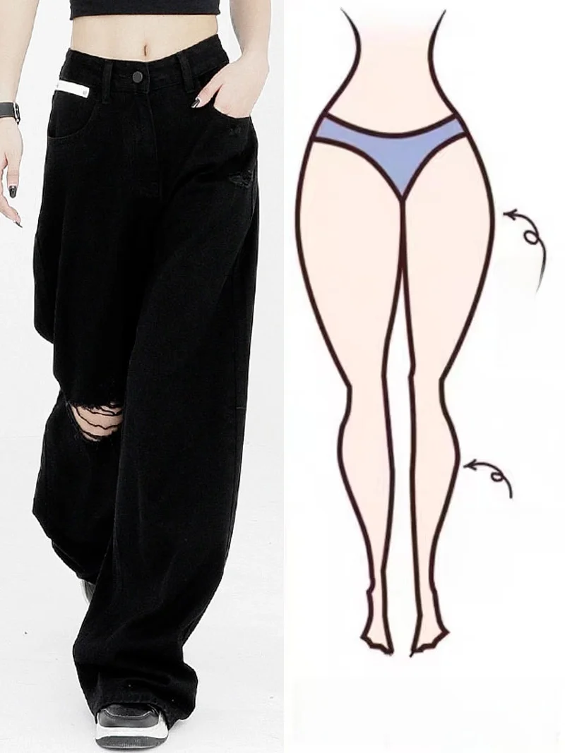 العصرية عالية الخصر واسعة الساق الحرير الدنيم الجينز المرأة رقيقة الصيف شارع العليا الحرير الجليد ممزق الجينز شعور رائع السراويل الطويلة