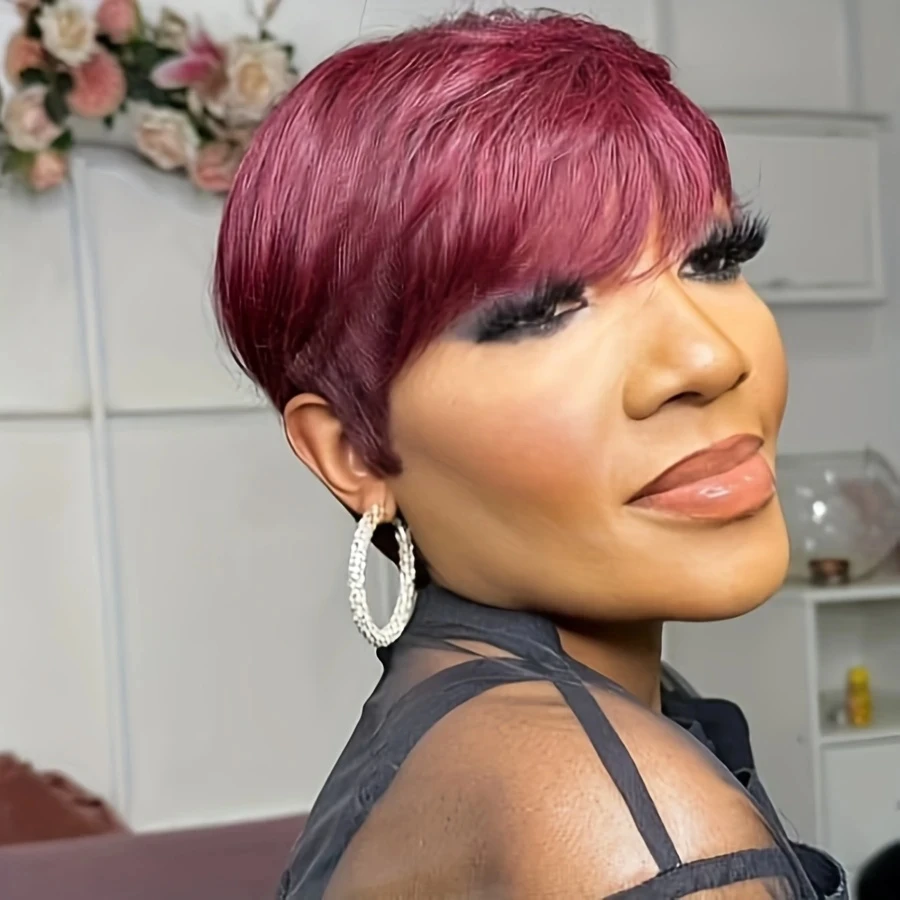 ブルゴーニュ 99J 色ショートボブレミー人毛ウィッグ前髪ピクシーカットフルマシンメイドウィッグ