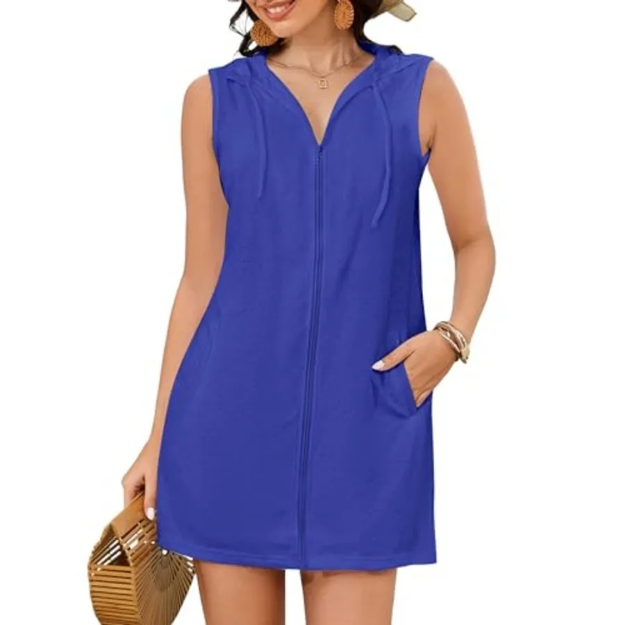 Bsubseach Terry Cloth Cover Up - Women Hooded Swimsuit Coverup Zipper Beach Coverups Sleeveless Swim Robes with Pockets