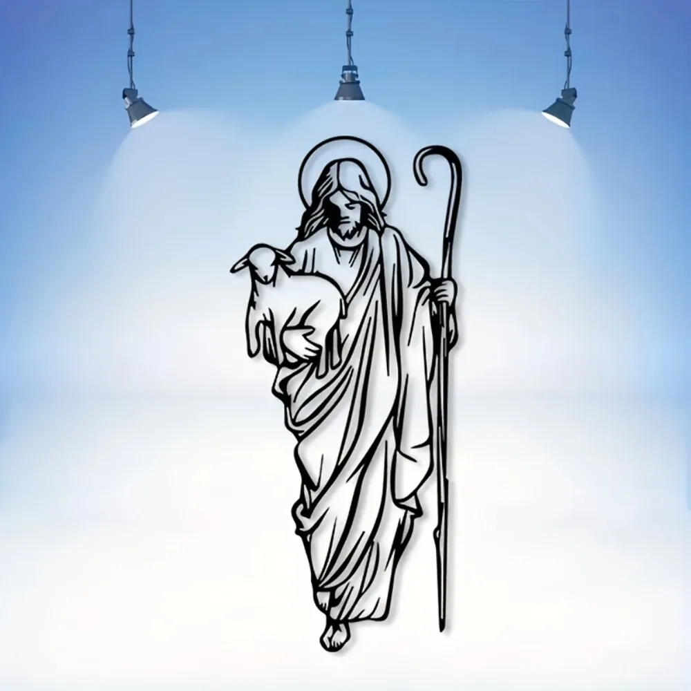 CIFBUY Plaque murale décorative en fer forgé Jésus Bon Pasteur avec berger et moutons, pour la maison chrétienne, le salon, l'espace dévotionnel, cadeau