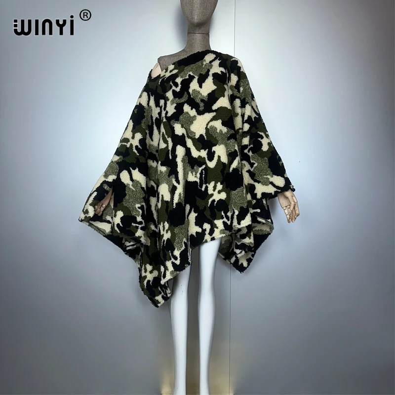 WINYI winter camouflage colour dress black fashion cape Holiday dress Elegant party winter ponchos for women Leopard print cloak