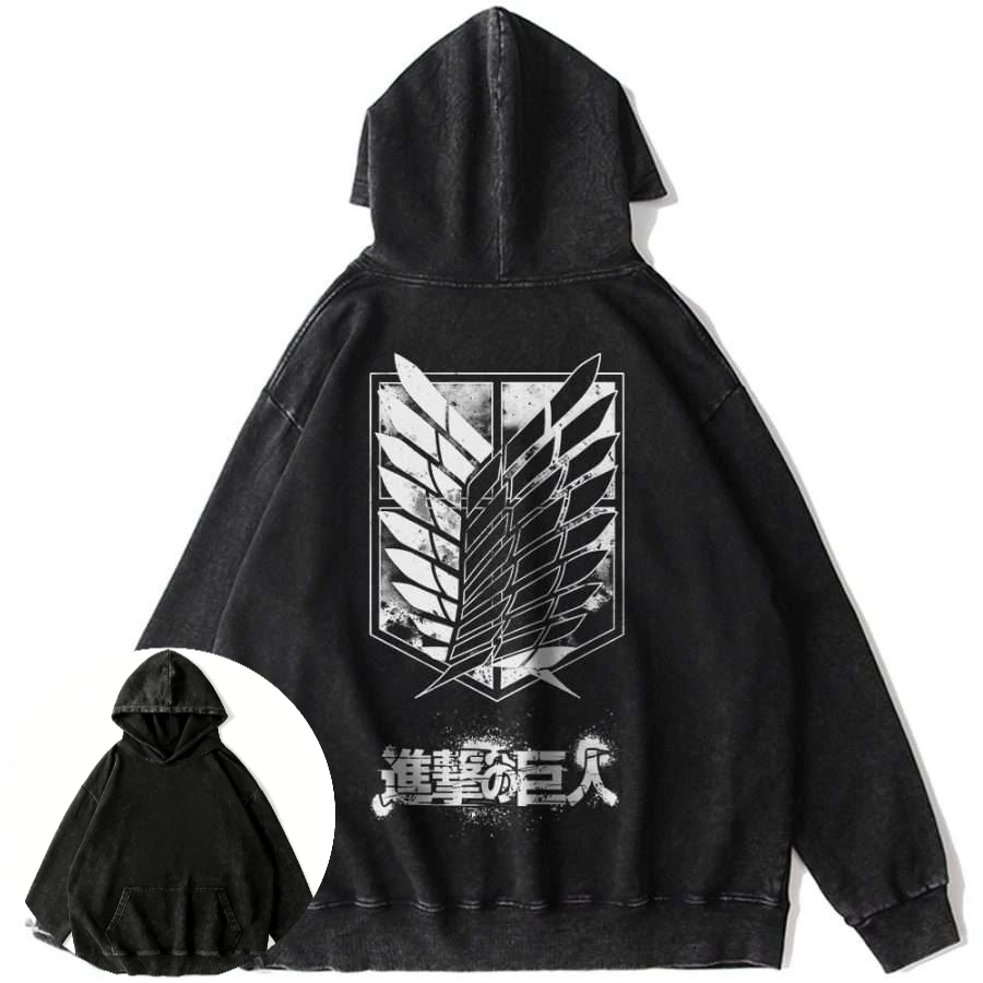 

Mens Vintage Washed Cotton Hoodie Attack on Titan Anime Wings of Freedom Back Print Loose Y2K Hip Hop Streetwear Pullover