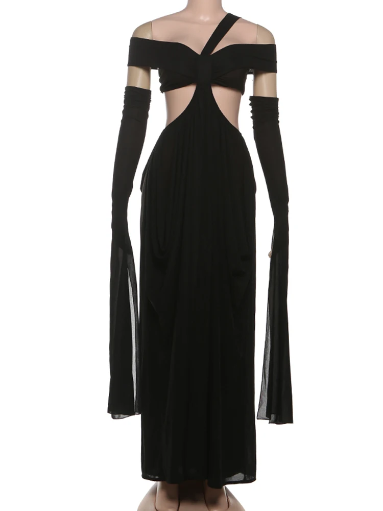 Cutenew バックレス スラッシュネック ドレス + 手袋 レディース ホロー クロス ウエストレス イブニング バースデー パーティー クラブウェア バケーション ボディコン