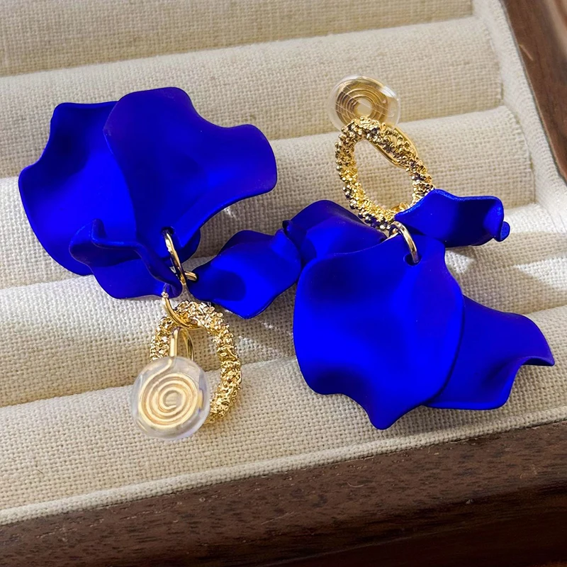 Red Klein Blue Flower Tassel Dangle Earrings for Women Bohemian Non Piercing Petalr Ear Clips Party Women's Jewelry Gift