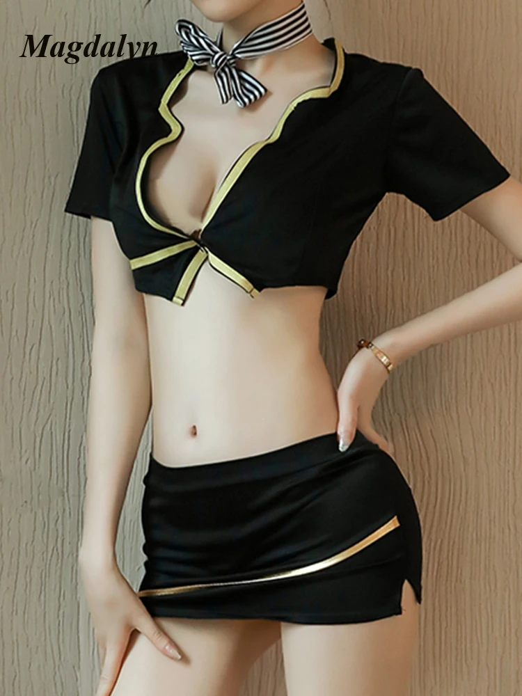 Magdalyn Women Erotic Clothing Sets Pajamas Sexy Sailor Temptation Suits Flight Attendant Adult Cosplay Costume Miniskirt Outfit