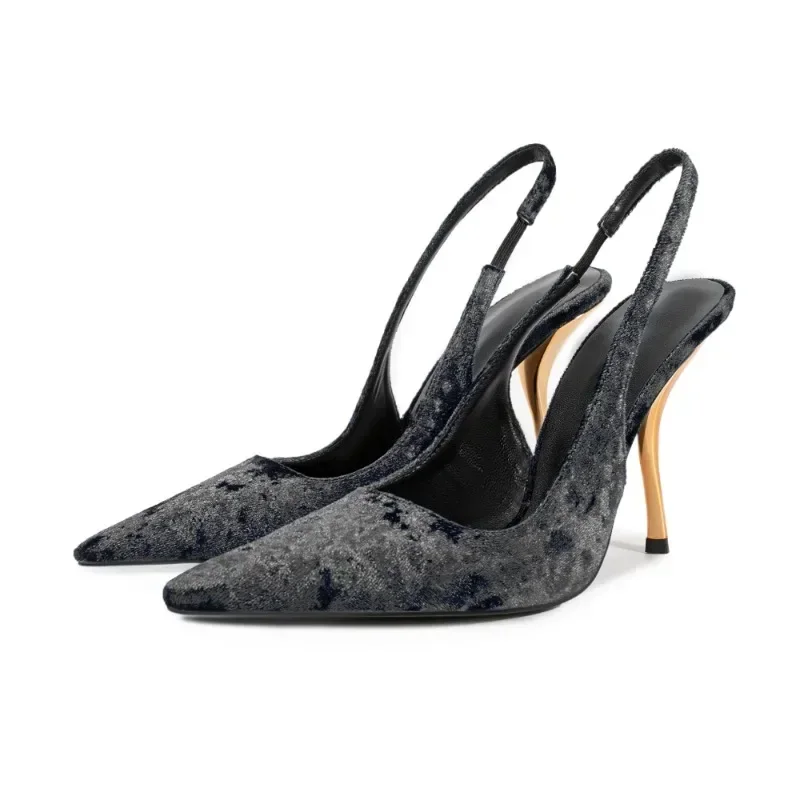 2025 European and American Sexy Metal High-heeled Pointed Back Hollow Sandals Women\'s Fashion Suede Runway Shoes