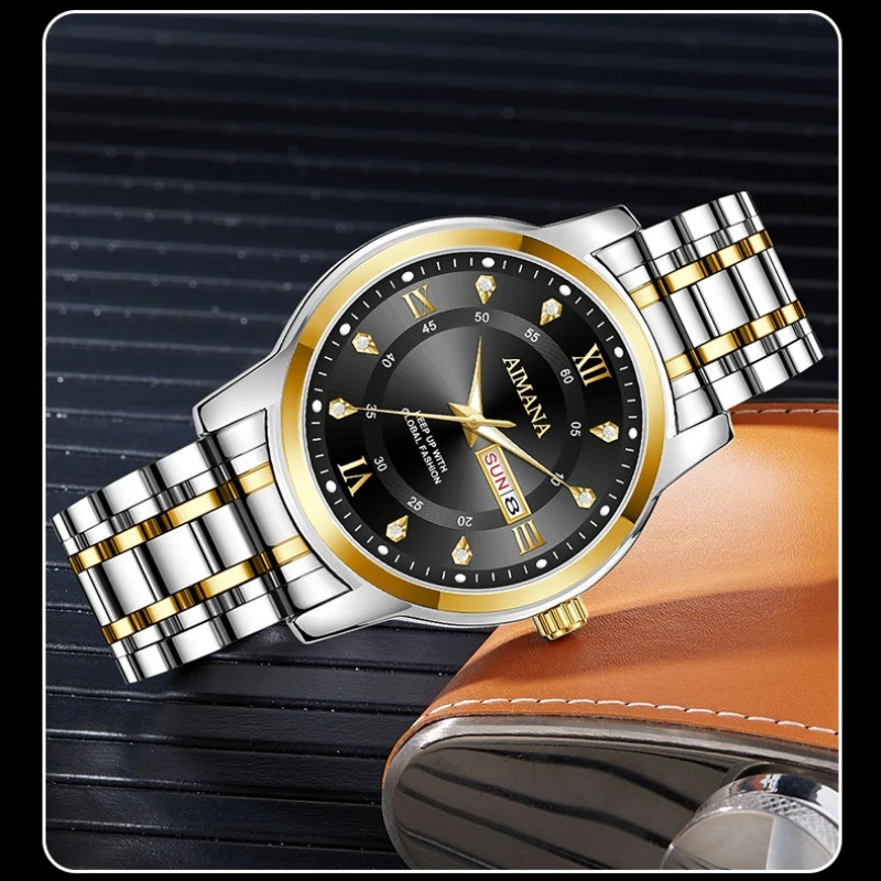 AIMANA 8615 Luxury Brand Roman Dial Men's Quartz Watch Dual Calendar Business Waterproof Stainless Steel Watches for Men Reloj