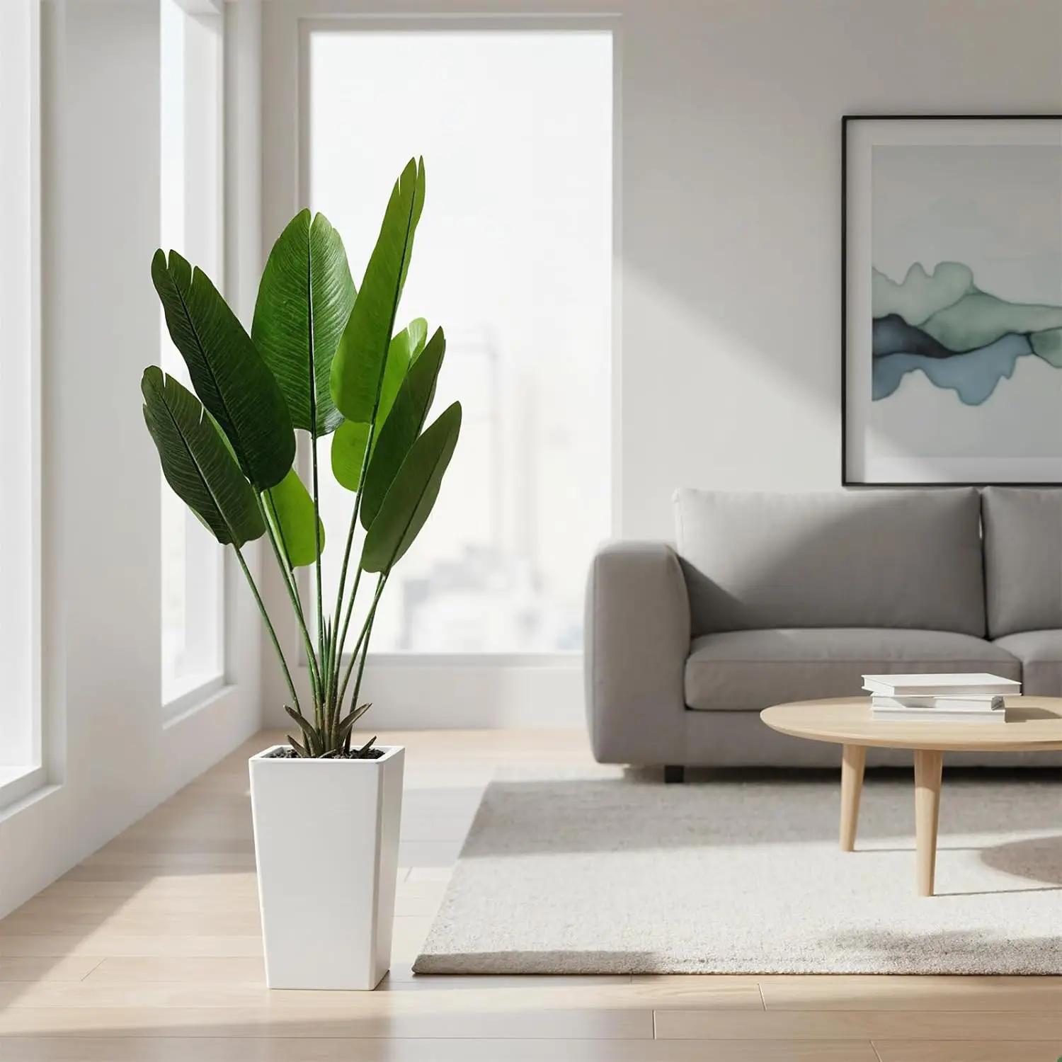 

Искусственное банановое дерево высотой 1,4 м в белом высоком кашпо, имитация тропического растения в горшке для гостиной, прихожей