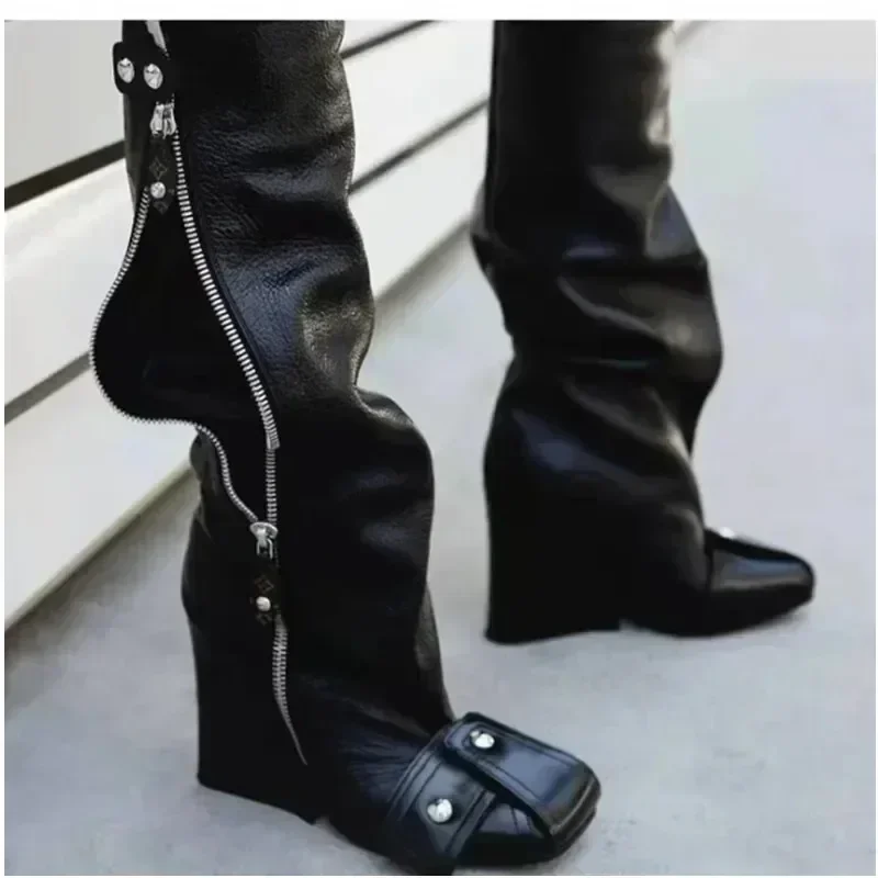 Winter New Slope Heel Super High Heel Women's Motorcycle Boots Fashion Show Women's Long Boots Genuine Leather Female Shoes