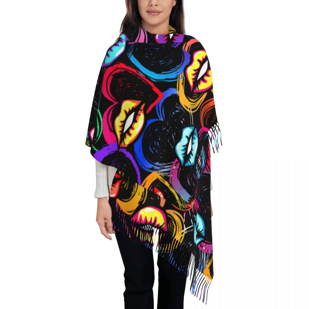 Women Scarf Abstract Kiss Lips And Hearts Pop Art Winter Shawls Thin Wrap Lady Tassel Warm Scarves Hairy Bufanda Stole