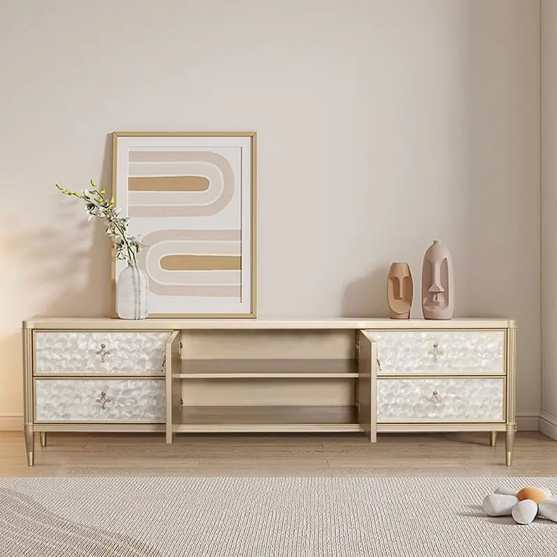 Modern simple shell TV cabinet American entry living room champagne gold solid wood floor cabinet storage coffee table combinati