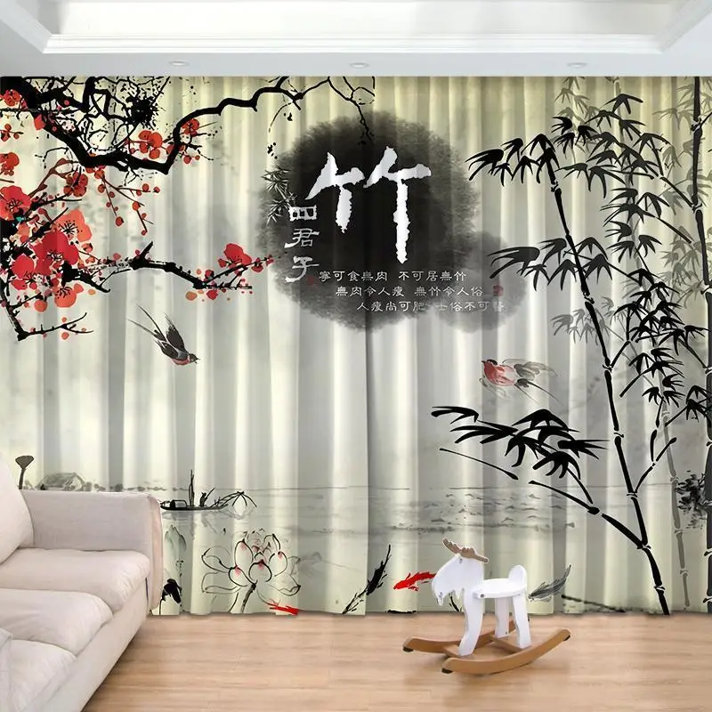 

2pcs New Chinese Style Zen Bamboo Painting cortinas Semi-shade Print Curtain Hook Bedroom Living Room Floor-to-ceiling Window