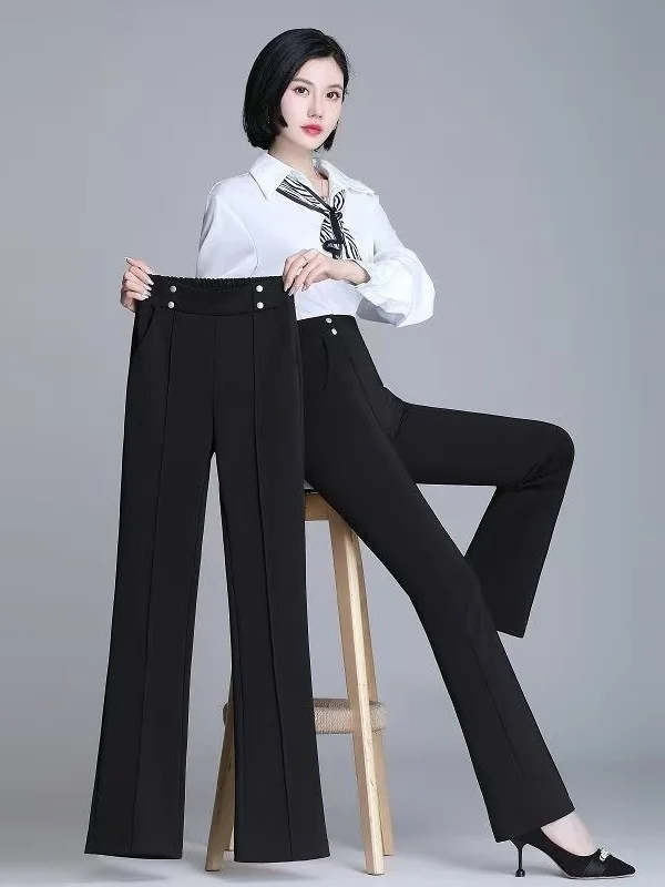 

Black Casual Pants High Waist Wide Leg Spring Autumn plus Size Elastic Waist Drapey Slimming Fashionable All-Match Pants