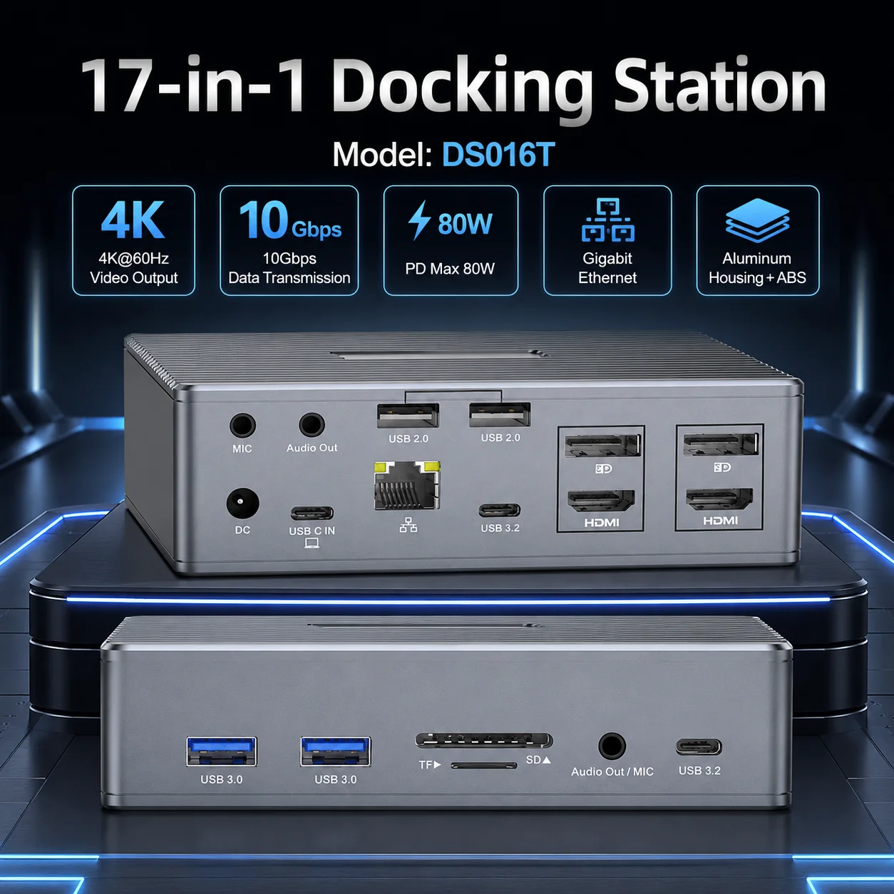 17in1 DisplayLink USB-C Docking Station 2HDMI+2DP 4K60Hz Multi 10Gbps USB Separate Mic/Audio DC Powered Aluminum Laptop Stock