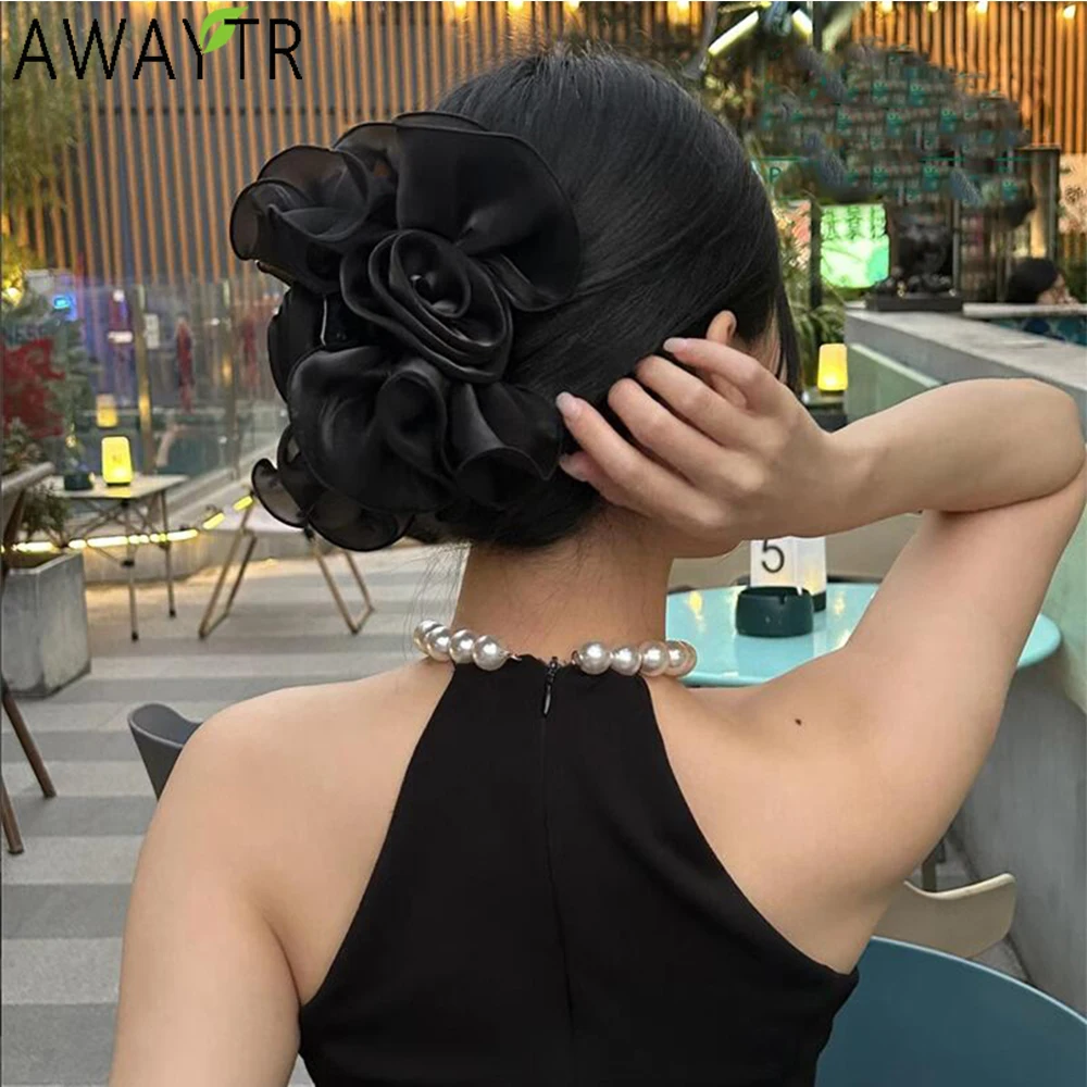 AWAYTR Satin Rose Hair Claws Farbic Flower Hair Clips Crab For Women Girl Gift Hair Accessories Valentine Headwear