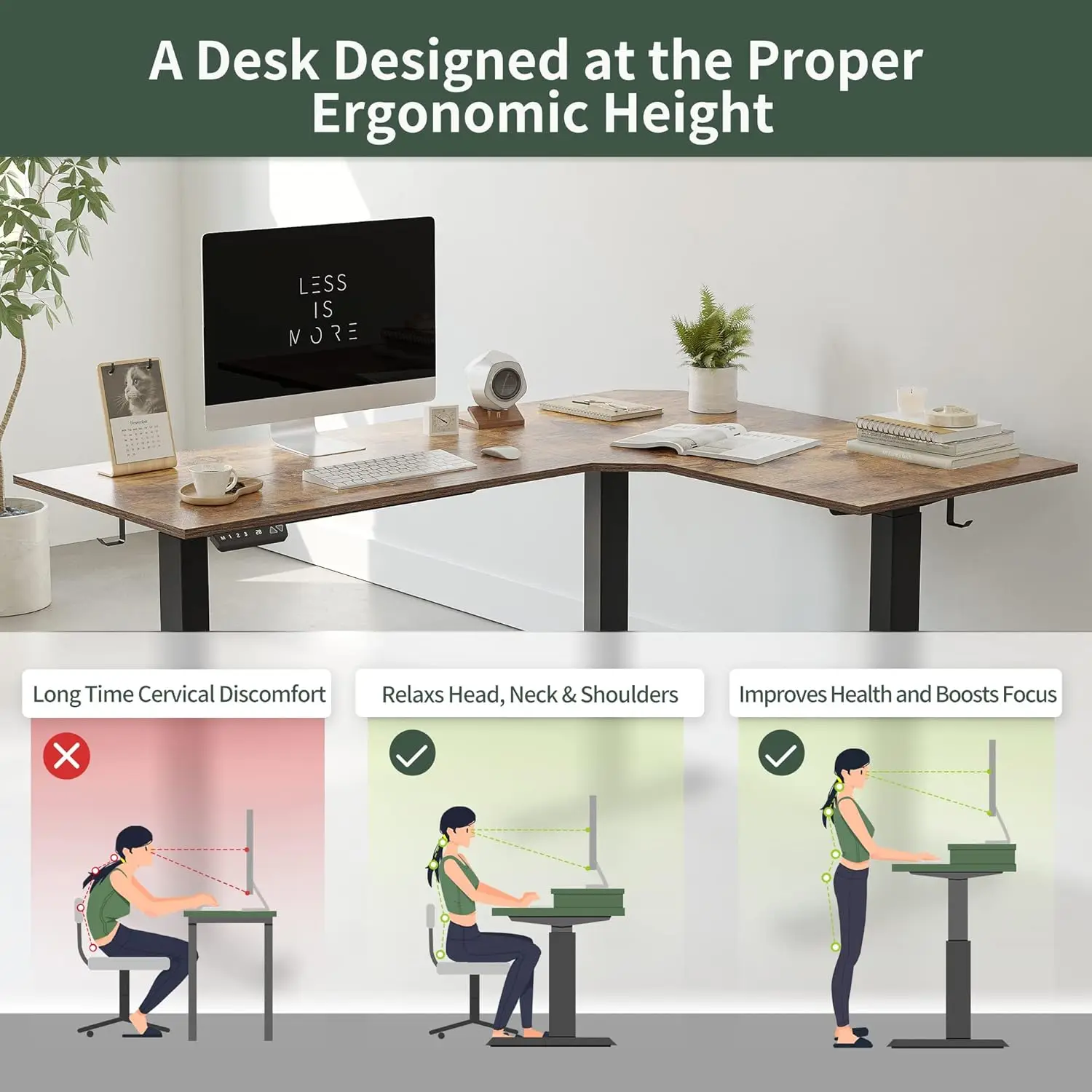 Electric Height Adjustable Corner Stand up Desk, Sit Stand Desk Computer Workstation, Black Frame/Rustic Brown Top