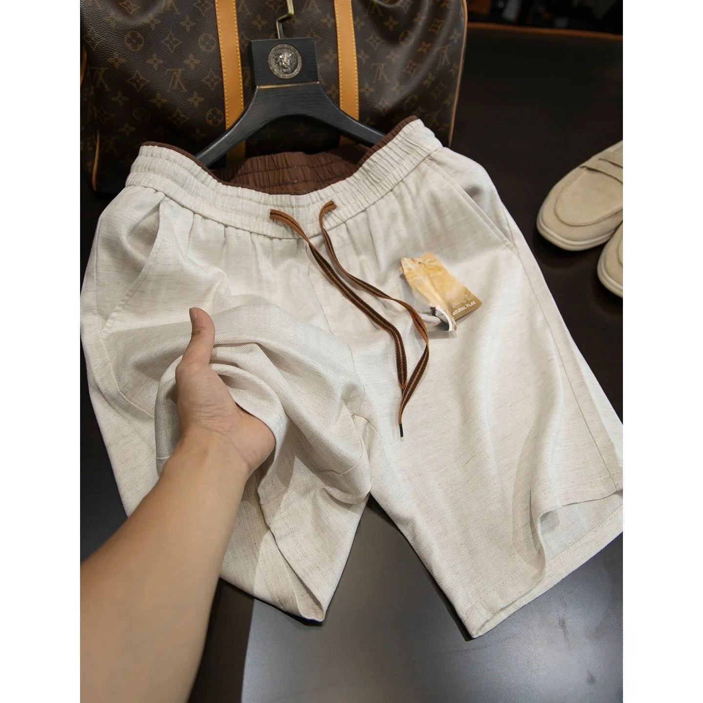 Casual Linen Ice Silk Loose Fit Drawstring Shorts Men's Summer Thin Style Color Block Versatile Comfortable Straight Leg Pants