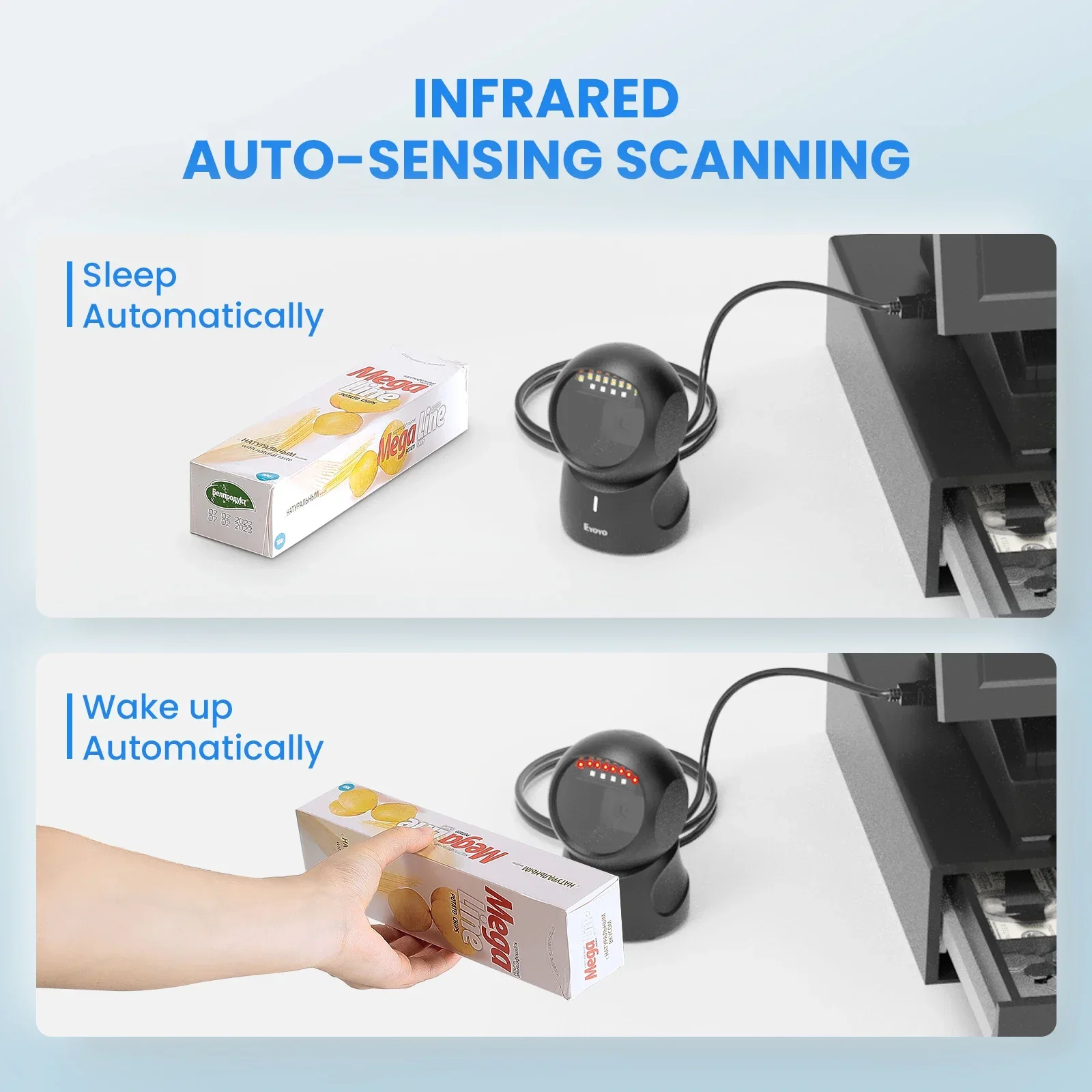 Eyoyo 2D Barcode Scanner QR Code Detecção automática de digitalização Omnidirecional Leitor de código de barras mãos-livres