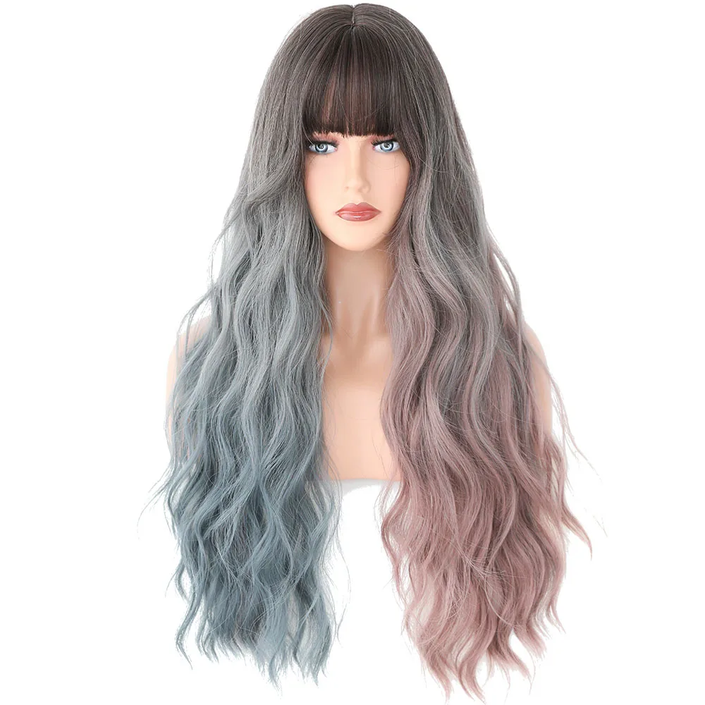 7JHH WIGS Long Omber Corche Hair Wigs with Bangs For Women Synthetic Soft Loose Light Blue Wig Beginner Friendly High Density