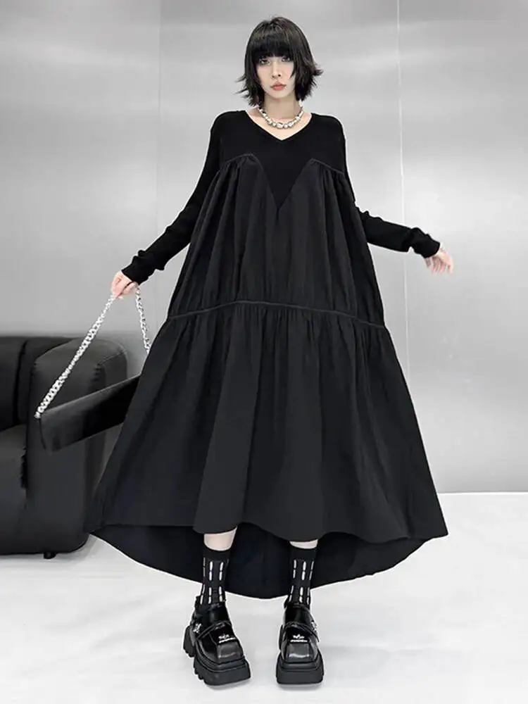 Feminino preto voltar longo irregular tamanho grande tricô vestido novo decote em v manga longa moda maré primavera outono