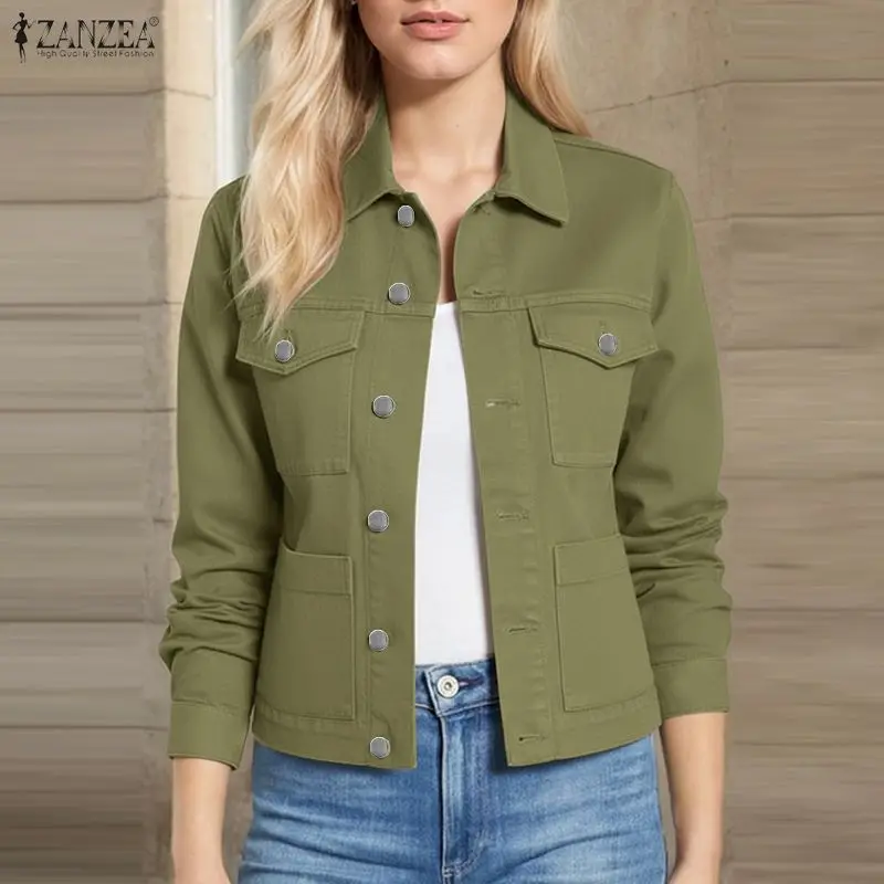 ZANZEA femmes automne chemises 2026 printemps revers cou à manches longues Blouse solide boutons haut Slim Fit mince manteaux vêtements d'extérieur de bureau