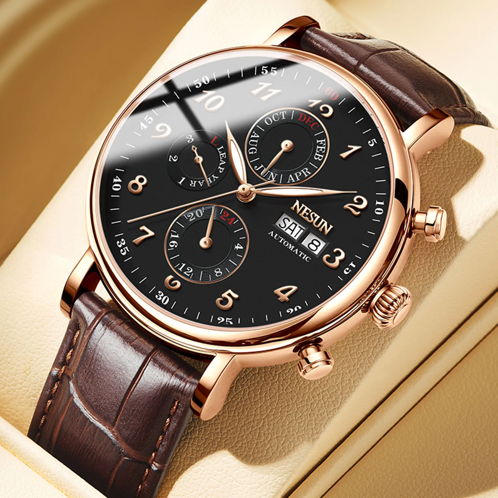 NESUN automatic mechanical watch for men, multi-functional mechanical watch, skeleton men's watch, gentleman's wristwatch