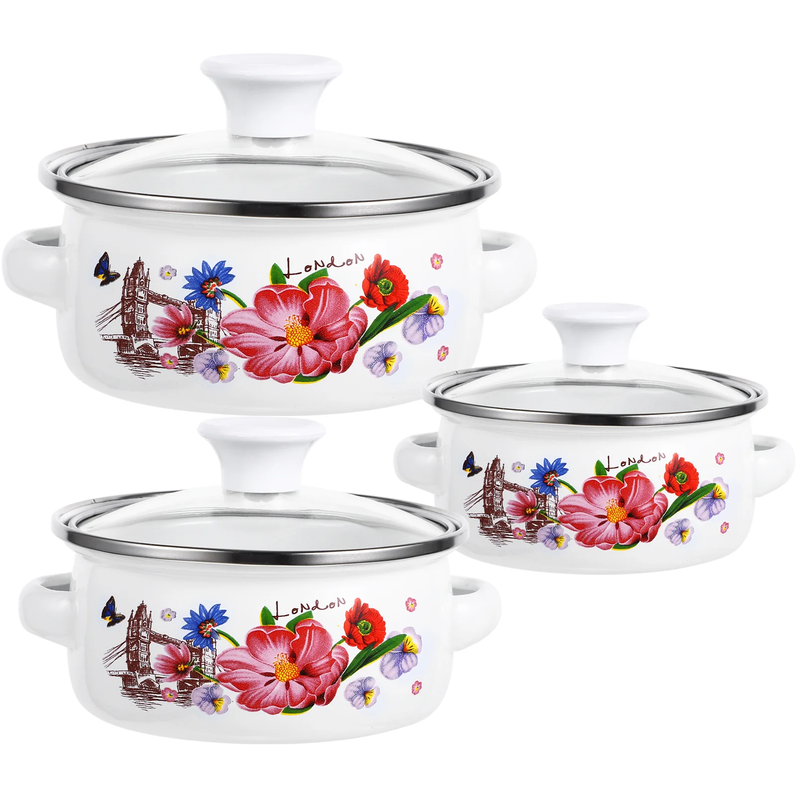 

3 Pcs Sauce Pot Pans Flower Enamel Stockpot Flat Enamelware Cooking for Stove Top