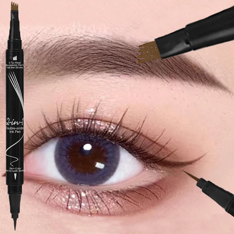 4-vorken tweekoppige vloeibare wenkbrauwpen eyeliner waterdicht langdurig geen vlekken natuurlijk zwart bruin wenkbrauwen potlood cosmetica