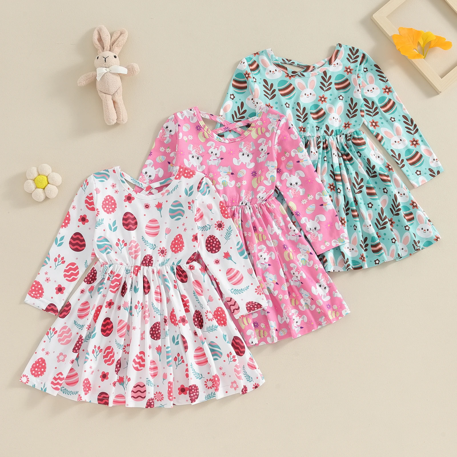 FOCUSNORM 0-3Y Autumn Toddler Baby Girls Easter Dress Long Sleeve Rabbit Egg Print A-Line Knee Length Dress