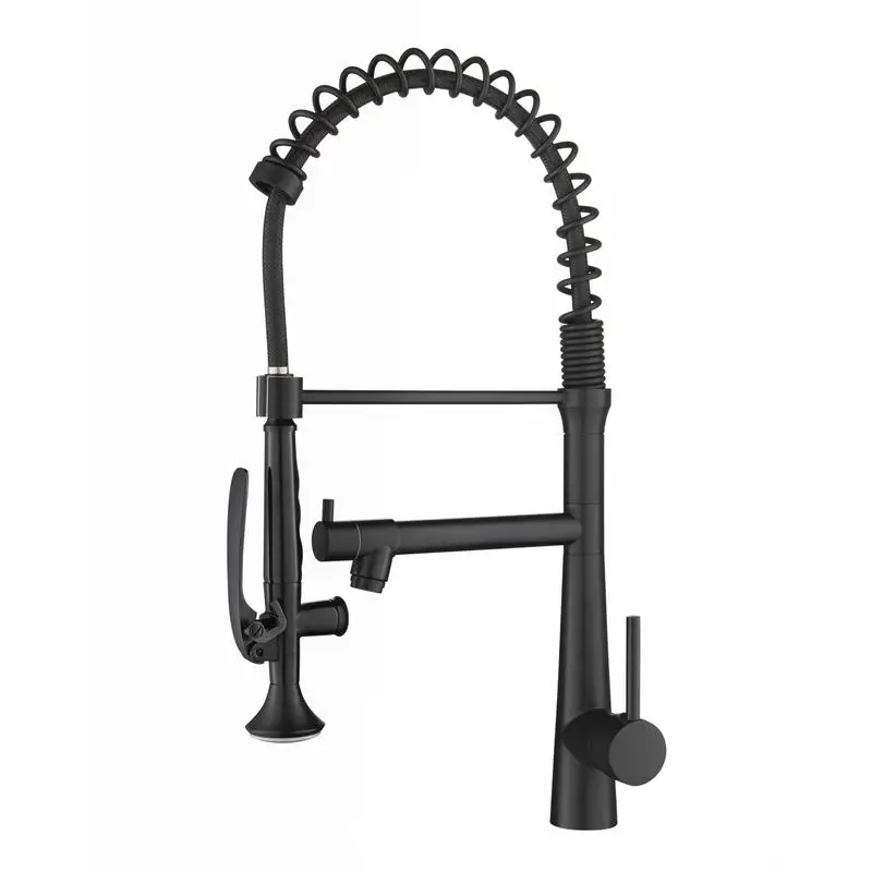 

Heavy Duty Commercial Kitchen Faucet, Single Handle Pre-Rinse Spring Sprayer, High Arc Pull Down Matte Black Sink Tap