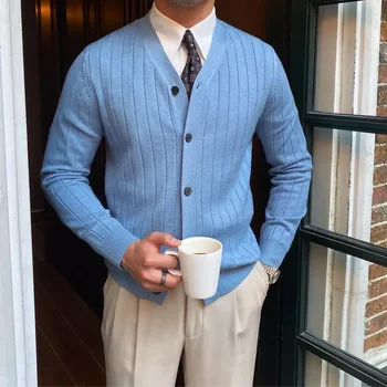 Men's Clothing Solid Color Knit Sweater Male Blue V Neck Plain Slim Fit Business Cardigan Japanese Retro New in Winter 2024 Wool