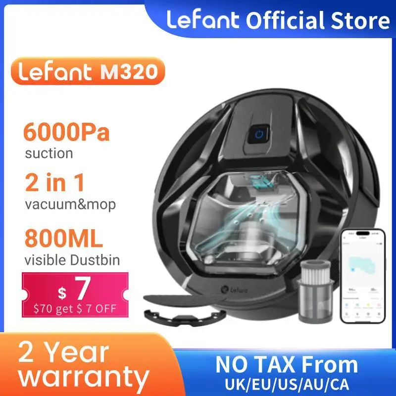 Lefant M320 Robot Vacuum Cleaner, 6000 Pa Suction,Low Noise,210 Mins Runtime,Self-Charging,Ideal for Hard Floor, Pet Hair,Carpet