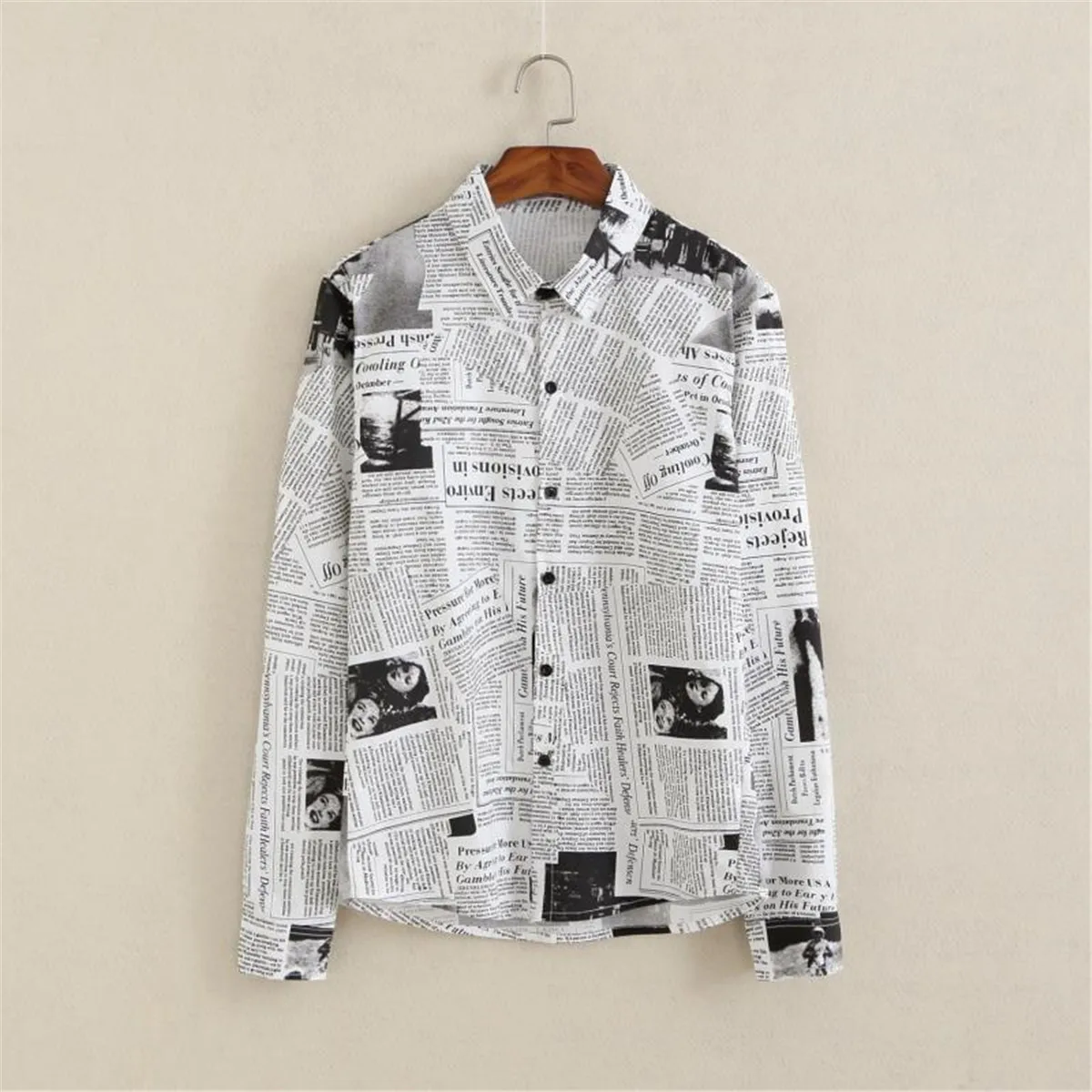 Cool Newspaper Print Shirt Men Gothic Oversize Shirts Japan Funny Shirts Long Sleeve Loose INS Tops Summer Punk Harajuku Shirt