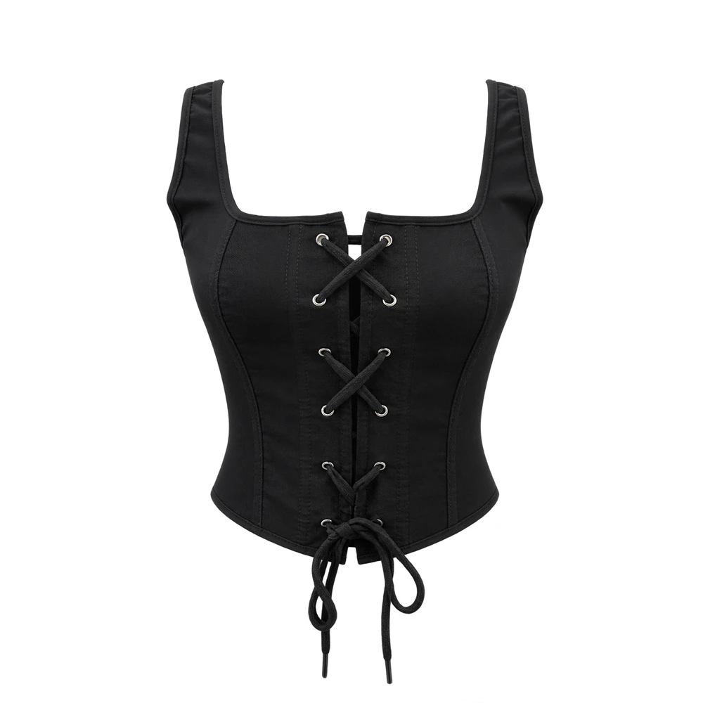 Women Corsets Top Sexy Black Front Lace Up Back Zipper Body Shaper Fishbone Bodices Shoulder Strap Bustier Vest Shapewear