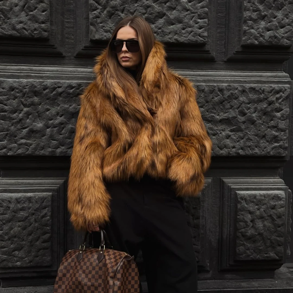 Women Winter Faux Fur Coat 2026 Warm Caramel Fluffy Plush Lapel Open Front Jacket