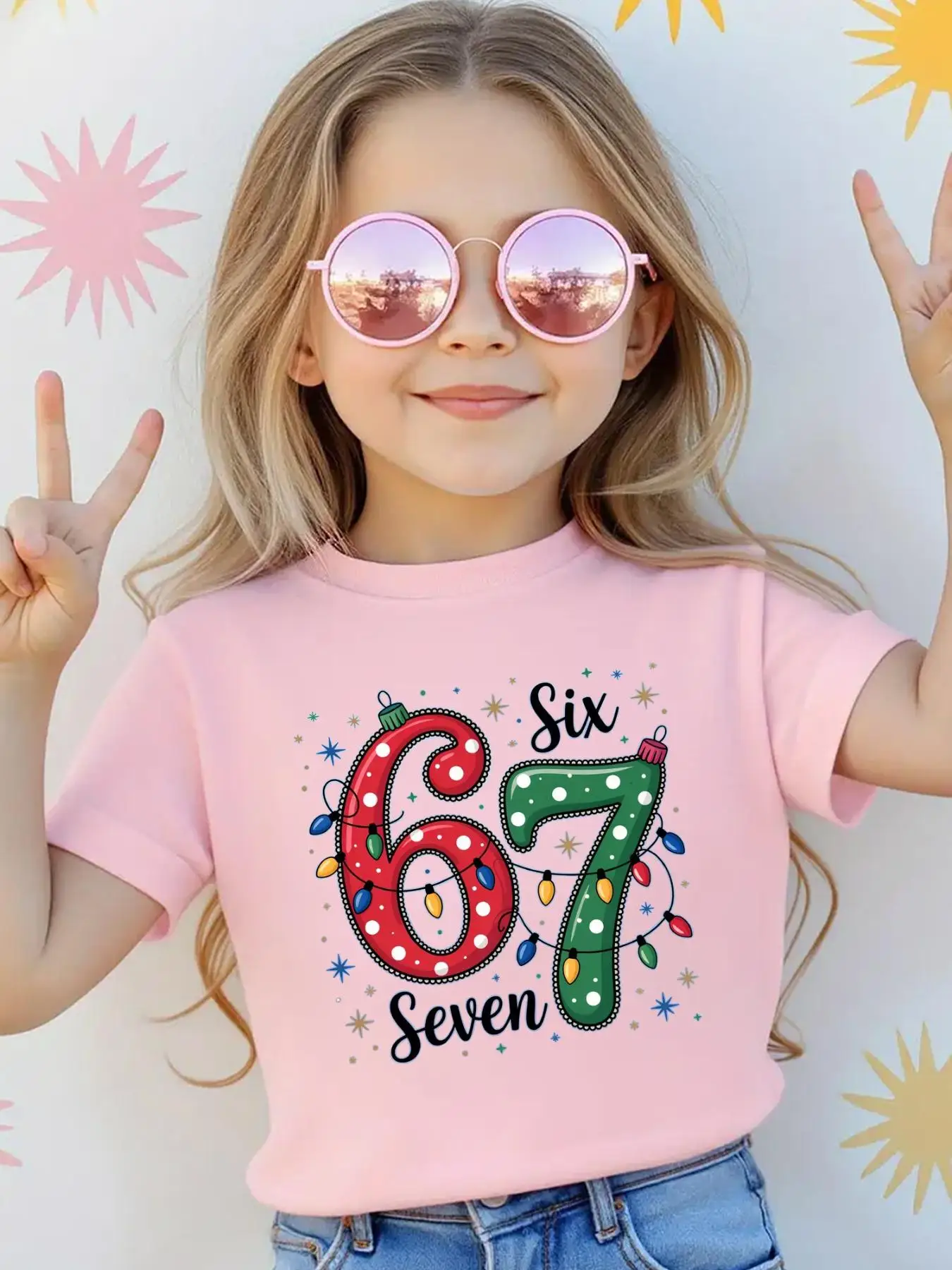 Alphanumeric 67 Pattern Printed 1-Piece Casual Sports Short-Sleeve Shirt for Girls with Light Strip Decoration, 67 Pattern, Christmas and New Year 2026 New Style, Versatile Clothing for Home and Outdoor Wear