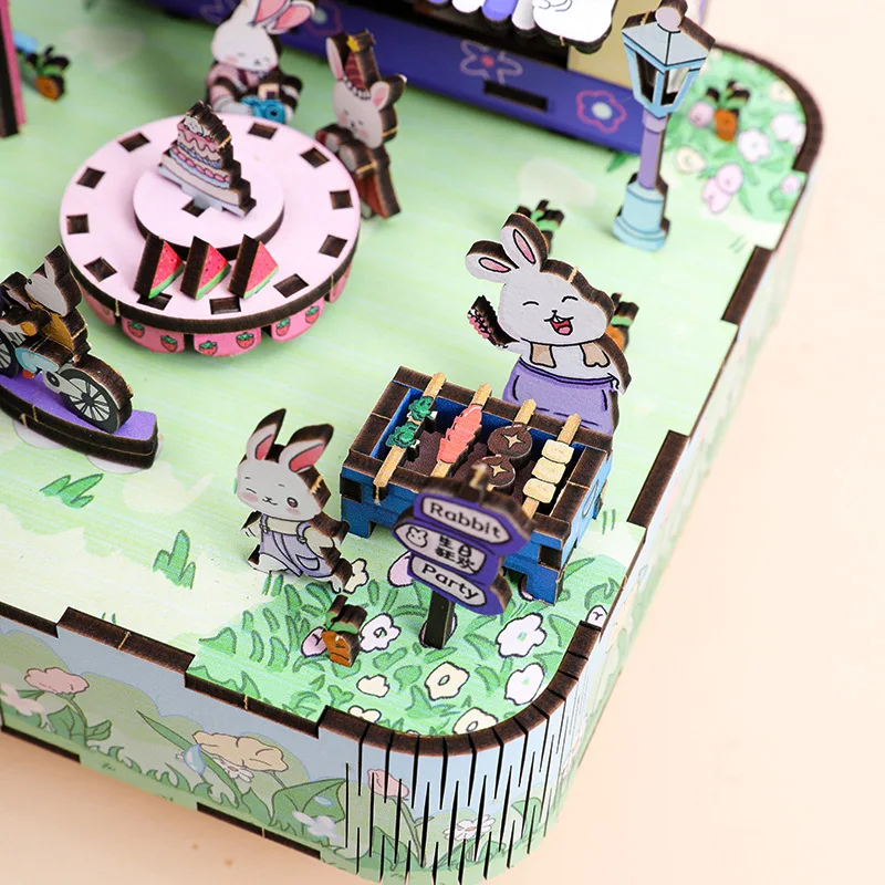 Boîte à musique lapin en bois 3D, bricolage, fête d'anniversaire, Kits de modèles miniatures, puzzle pouvant bouger pour amis, cadeaux, décoration de la maison