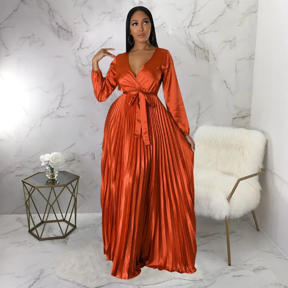 Casual Elegant Long Dress For Lady Female Evening Party Vestidos Girls Long Sleeve Robe Women Pleated Maxi Formal Dresses