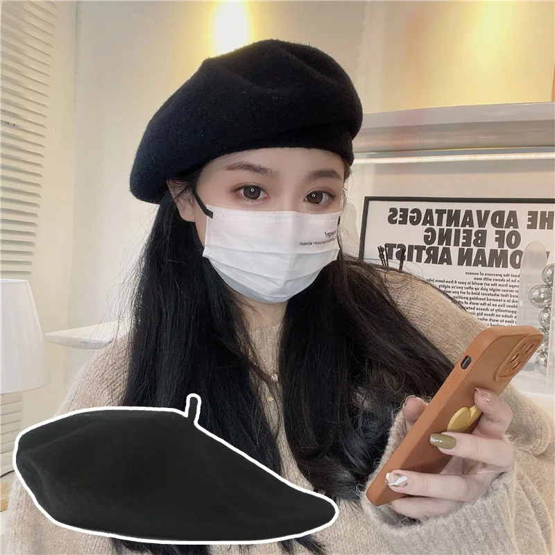 2024 Vintage Womens Girls Winter Warm Wool Plain Beret Artist Winter Black Red Beanie Hat Caps Retro Head Wear Boinas Para Mujer