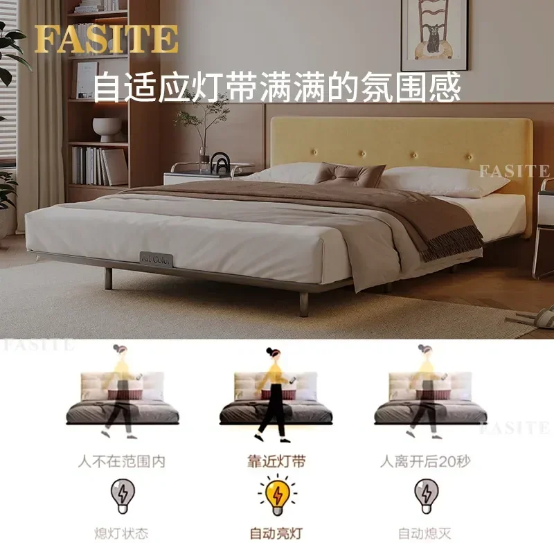 For 1.8m Double Bed Frame Medieval Carbon Steel Yellow Cotton Linen Fabric Small Apartment Master Bedroom Furniture