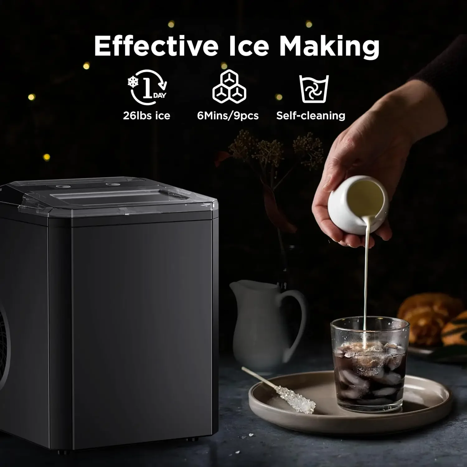 Efficient Countertop Ice Maker Producing 9 perfectly shaped Cubes in just 6 minutes, Generating 26lbs ice in 24Hrs, Convenient S