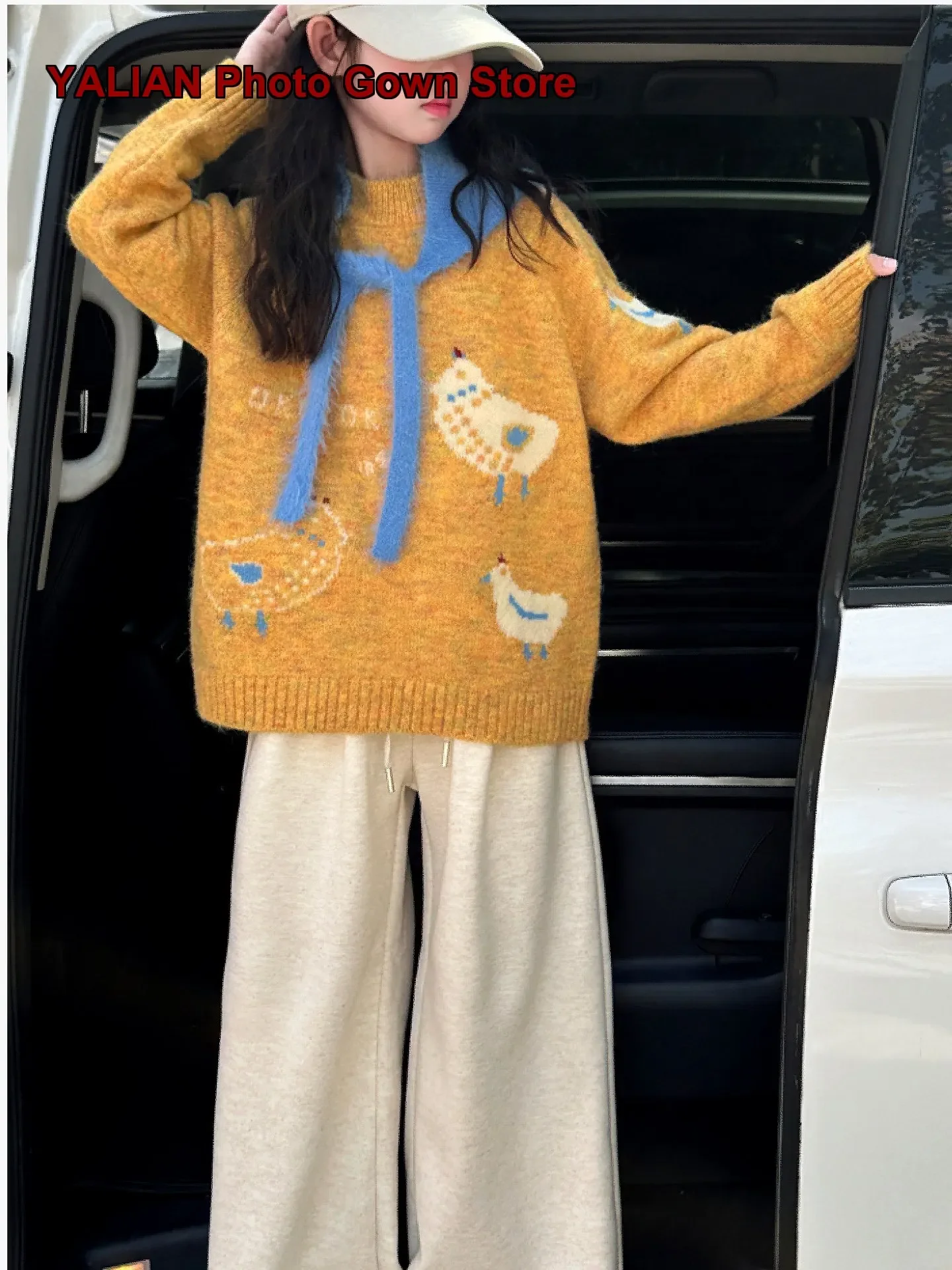 Girls Two-Piece Set Cartoon Print Autumn Winter Loose Lazy Style Silver Sequin Fleece Lined Pants