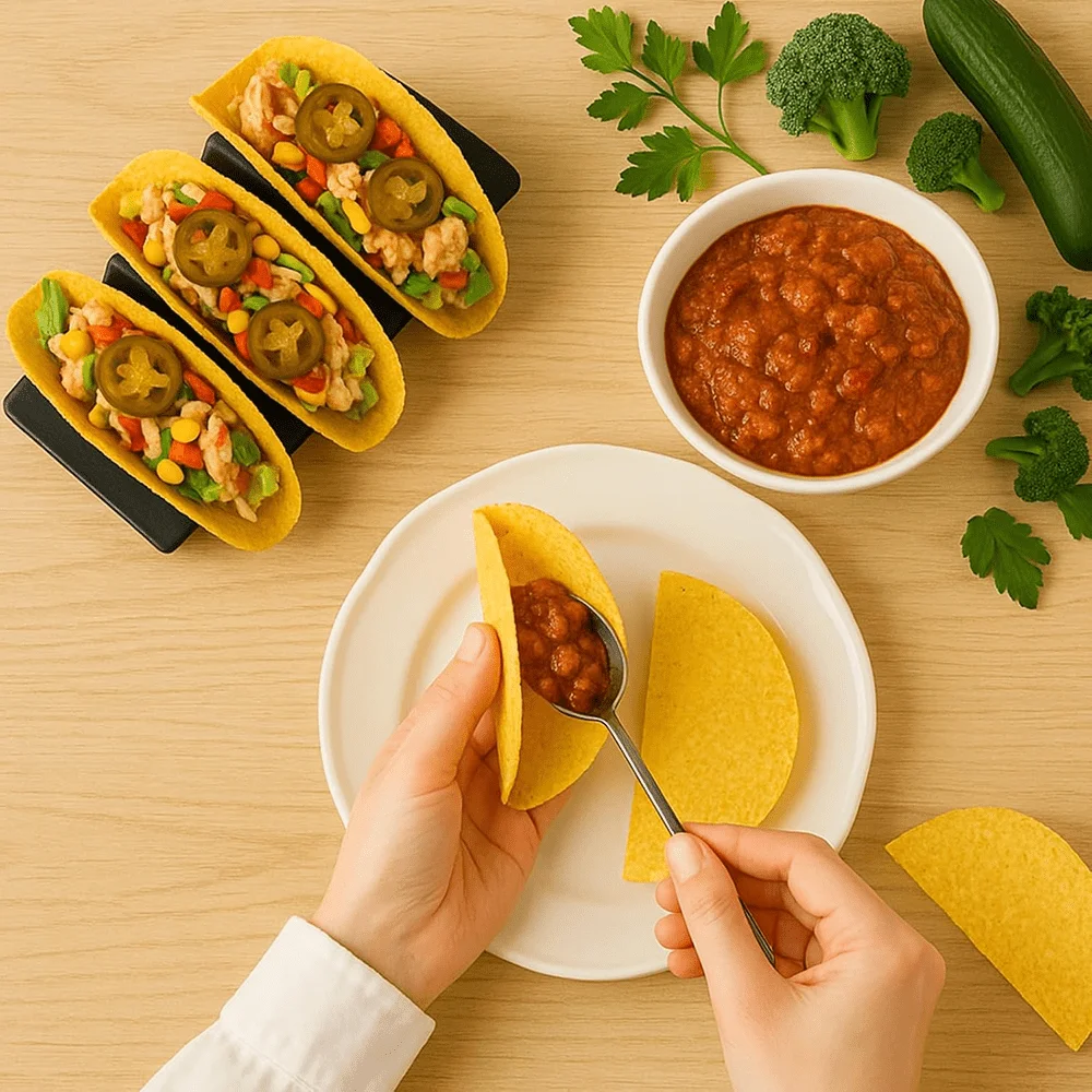 Taco Holders Set，Taco Stand, Plastic Taco Holder with Easy-Access Handle, Each Can Hold 2 To 3 Tortillas, Oven Safe for Baking,