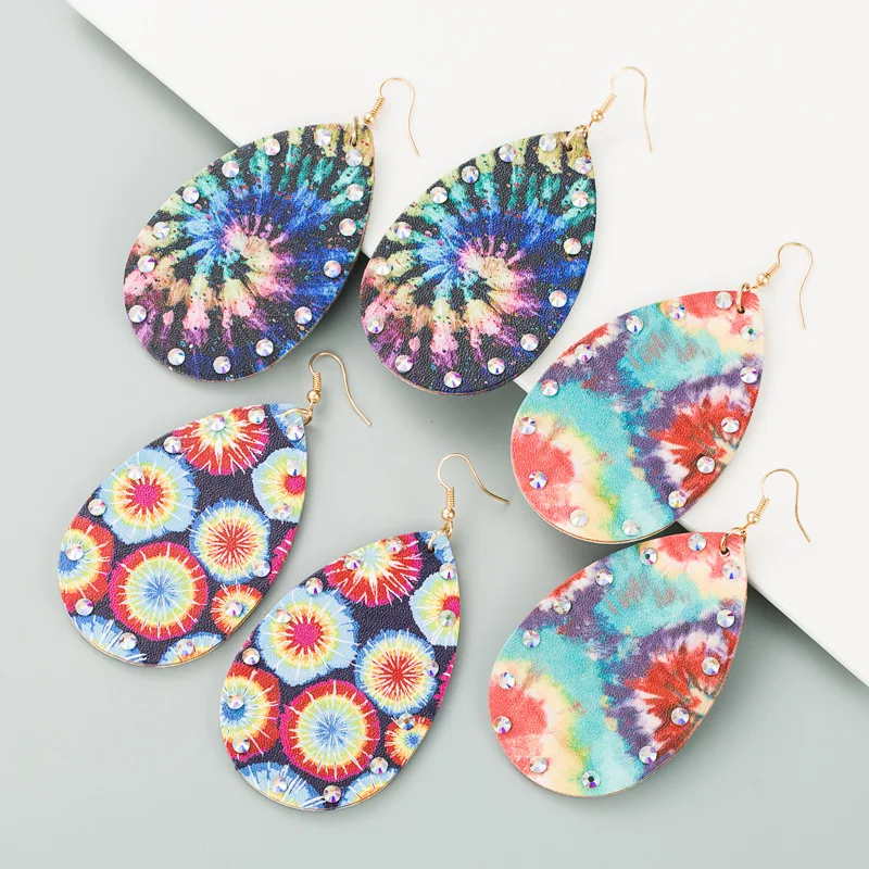 Source Ethnic Feng Shui Drop-shaped Double-sided Leather Diamond Earrings Bright  Bohemian Earrings