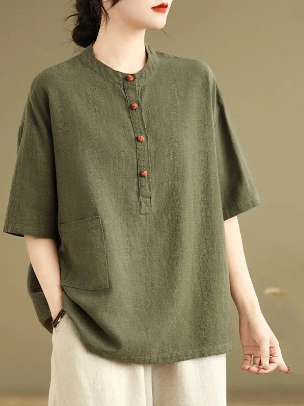 

Linen Shirt Summer New Style Mom round Neck Short Sleeve Cotton Linen Shirt Zen Buddhist Style Women's High End Best Selling Top