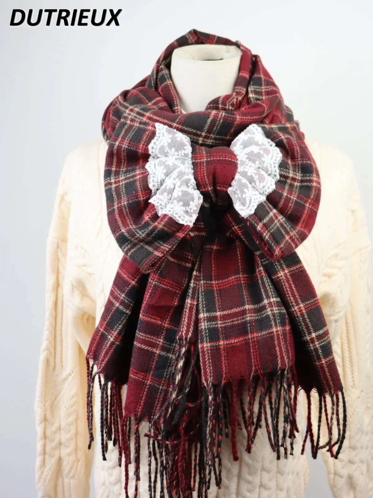 Sweet Bow Scarf Plaid Lolita Cute Girl Shawl Versatile Dual-purpose Model Red Mine Student Japanese Autumn and Winter Scarfs