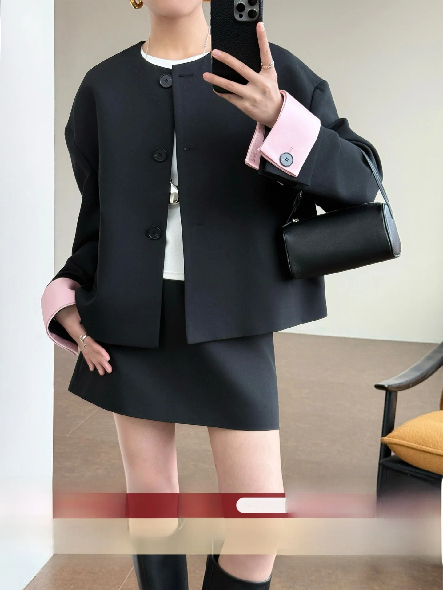 

WANGER Double Boundary Woolen Sleeve Color Block Slim Fit Jacket Skirt Set Long Sleeve Short Length Spring Fashion ...